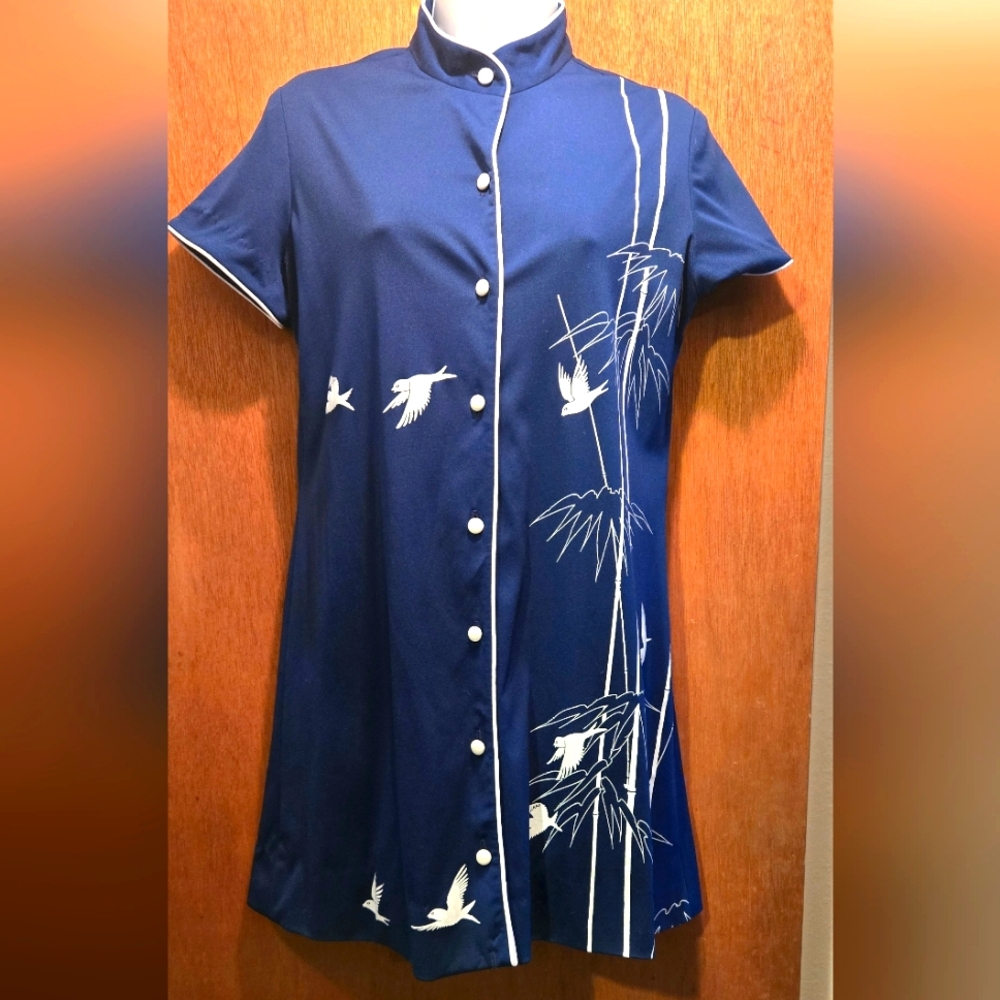 Shaheen Vintage mandarin Blue Dress w/ Bird &Bamboo szS - Picture 1 of 9